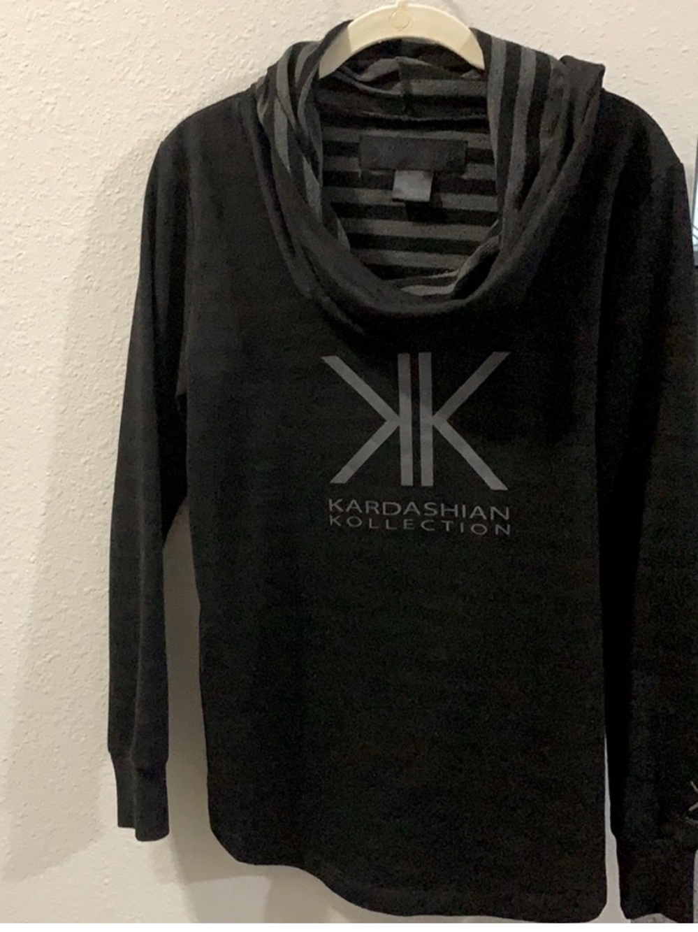 Kardashian Kollection Black Cowl Neck Logo Sweater with Striped Hood